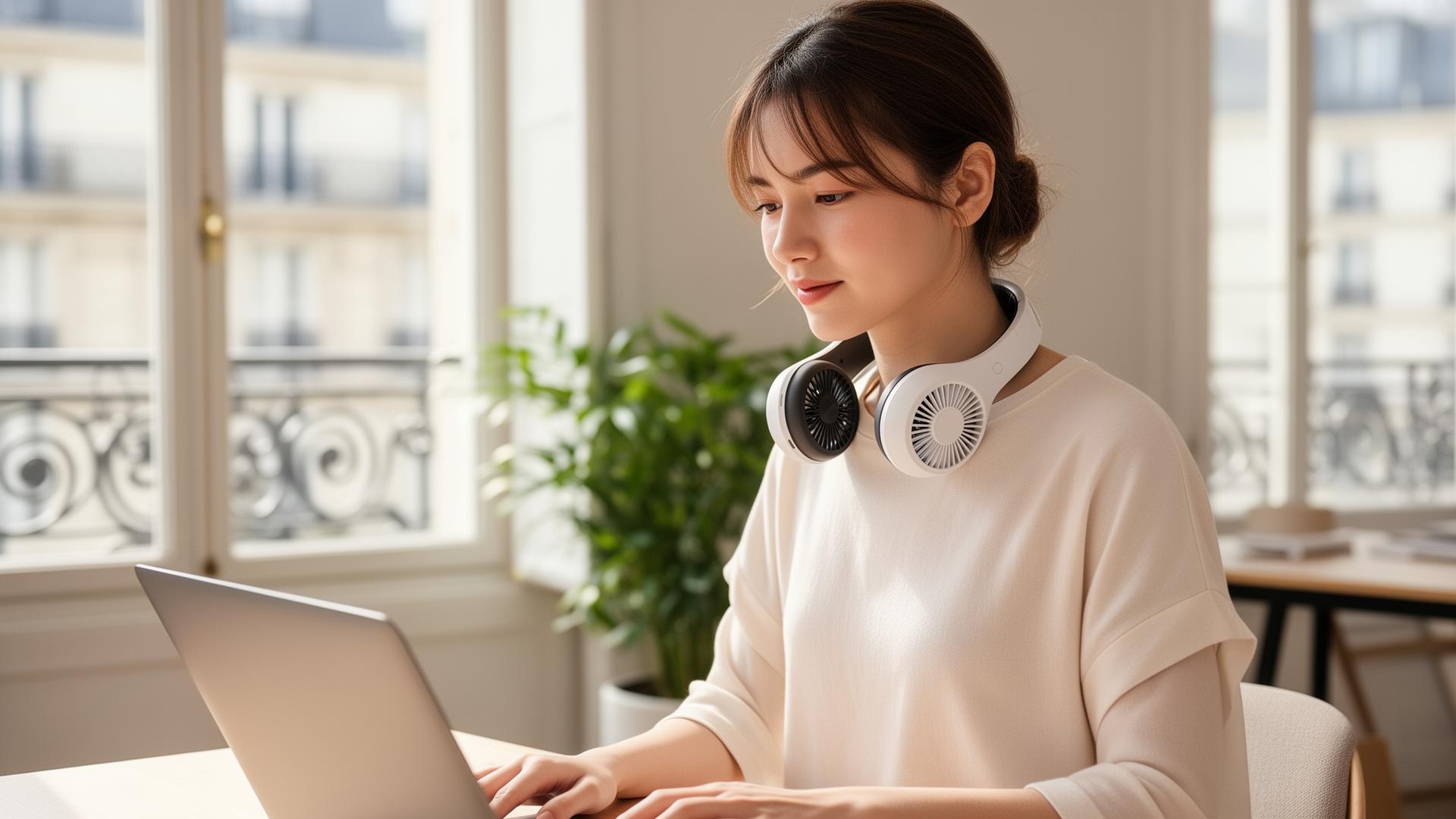 Femme portant un Kelyni Halo en télétravail dans un appartement parisien lumineux